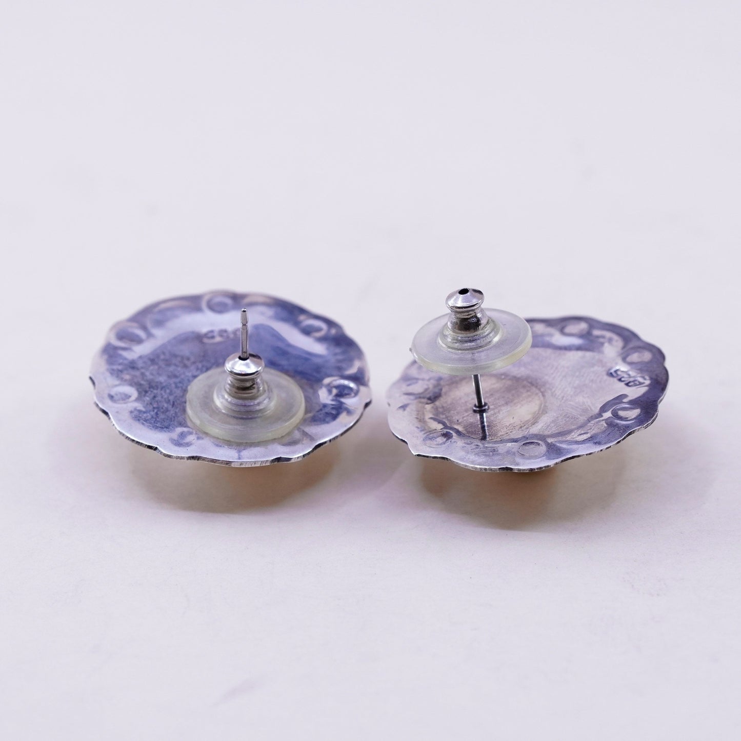 Vintage Mexico Sterling silver handmade earrings, 925 flower studs brass cable