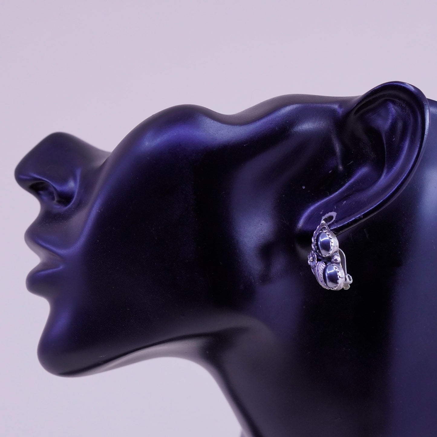Vintage 925 Sterling silver handmade clip on leafy earrings with hematite