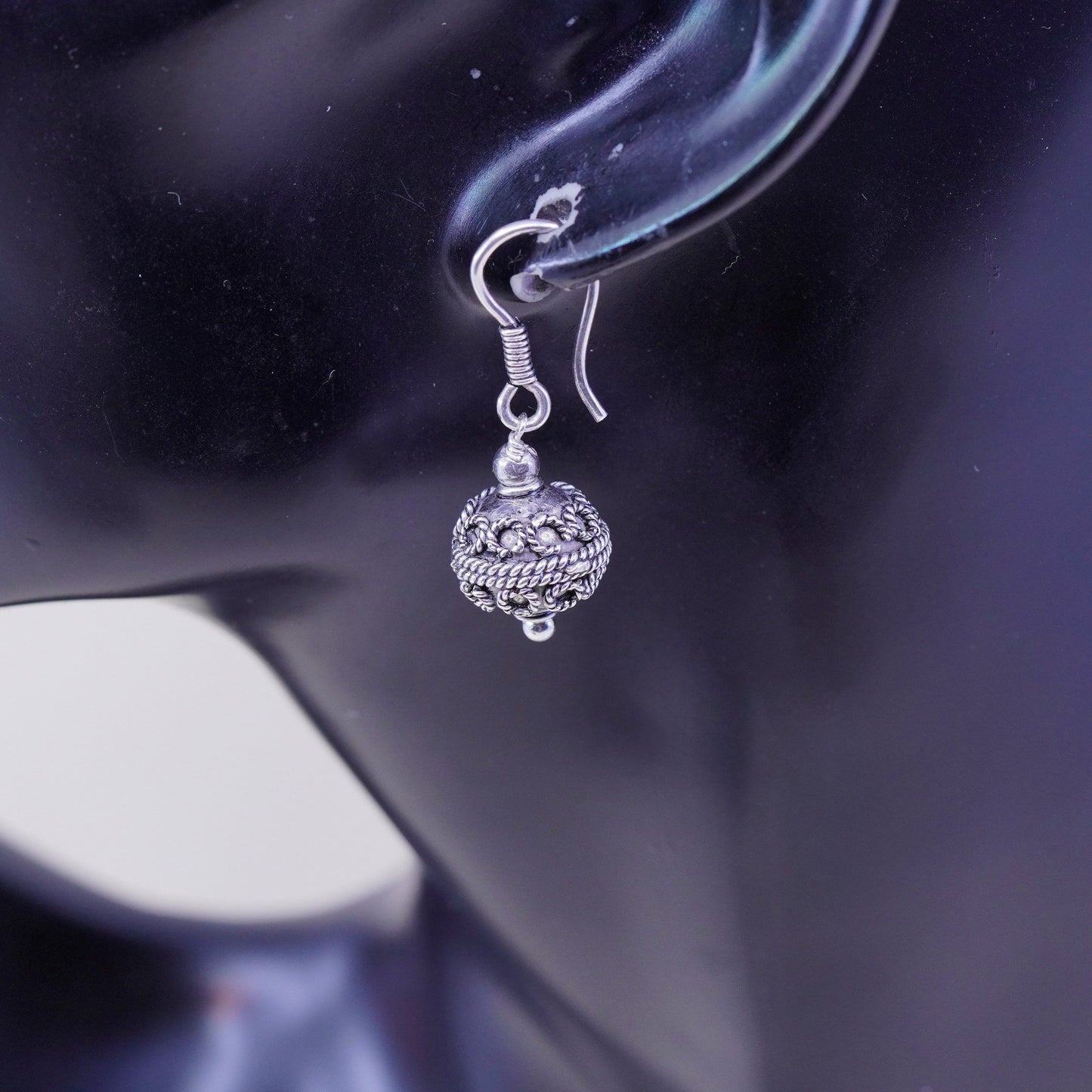 Vintage Sterling silver handmade Bali earrings, 925 swirl patterned bead