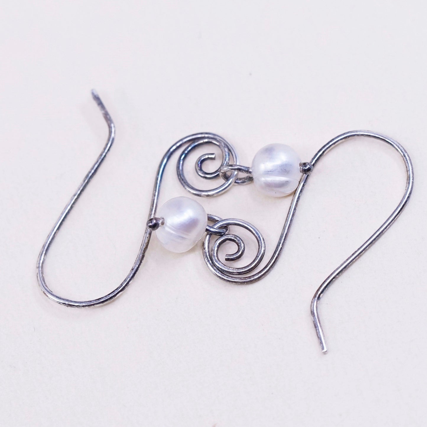 Vintage sterling silver handmade earrings, 925 swirl with pearl drop