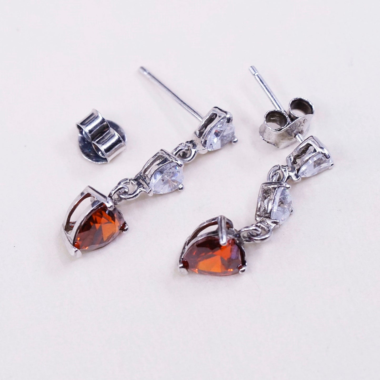 Vintage sterling silver handmade earrings, 925 with heart ruby and Cz