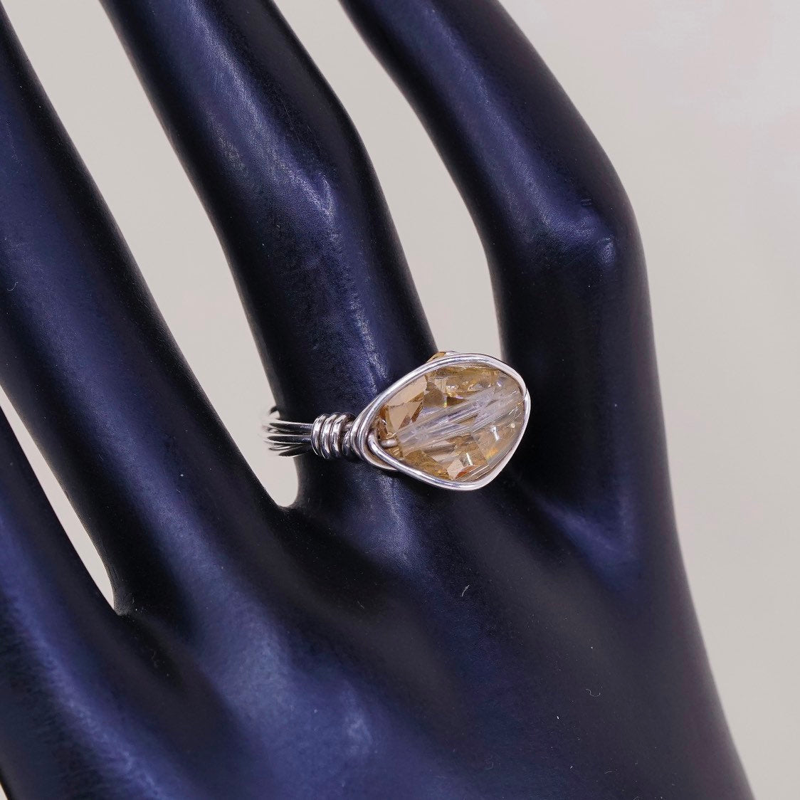 sz 6.75, sterling silver handmade ring, 925 wired ring w/ citrine glass