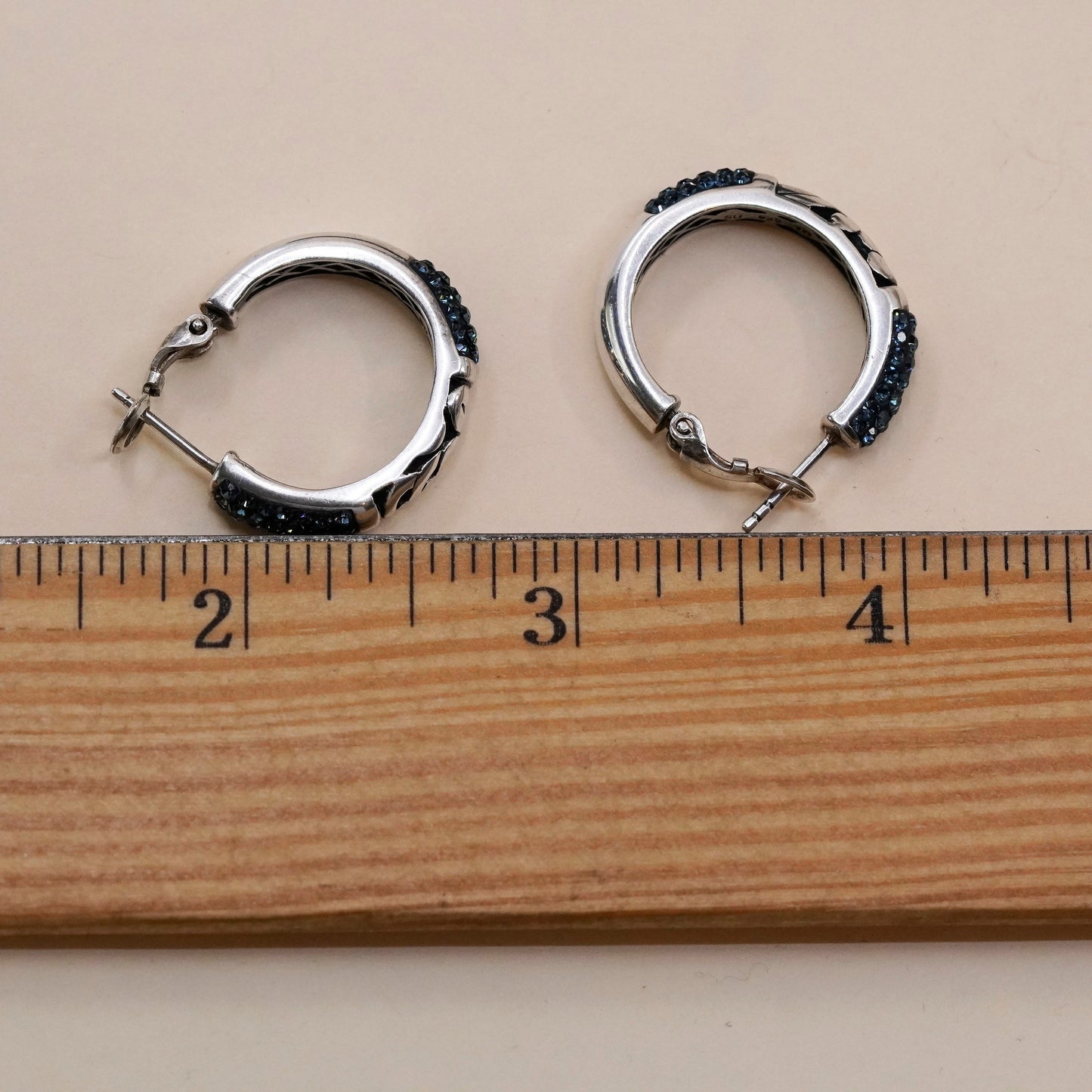 0.75”, Sterling silver handmade earrings, filigree 925 hoops Huggie crystal