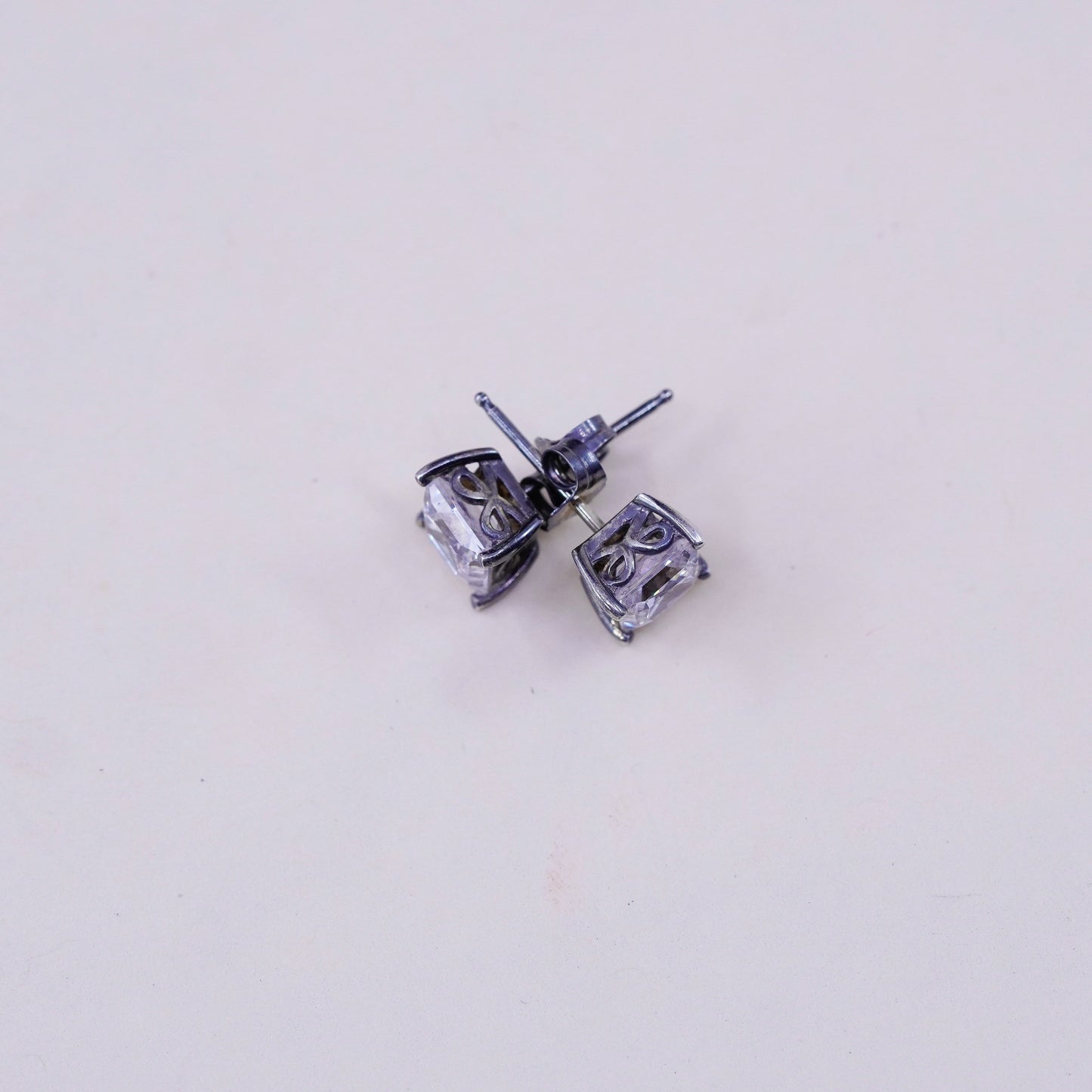 6mm, Vintage sterling silver genuine square cz studs, filigree earrings