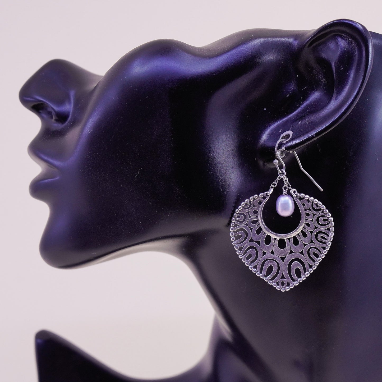 Indonesia Sterling silver handmade earrings, 925 filigree teardrop pearl beads