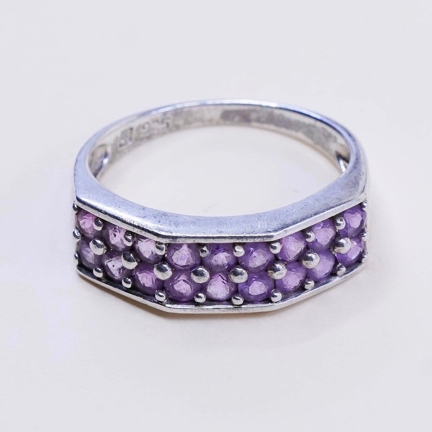 Size 8, vtg Sterling silver handmade cocktail ring, 925 w/ cluster amethyst