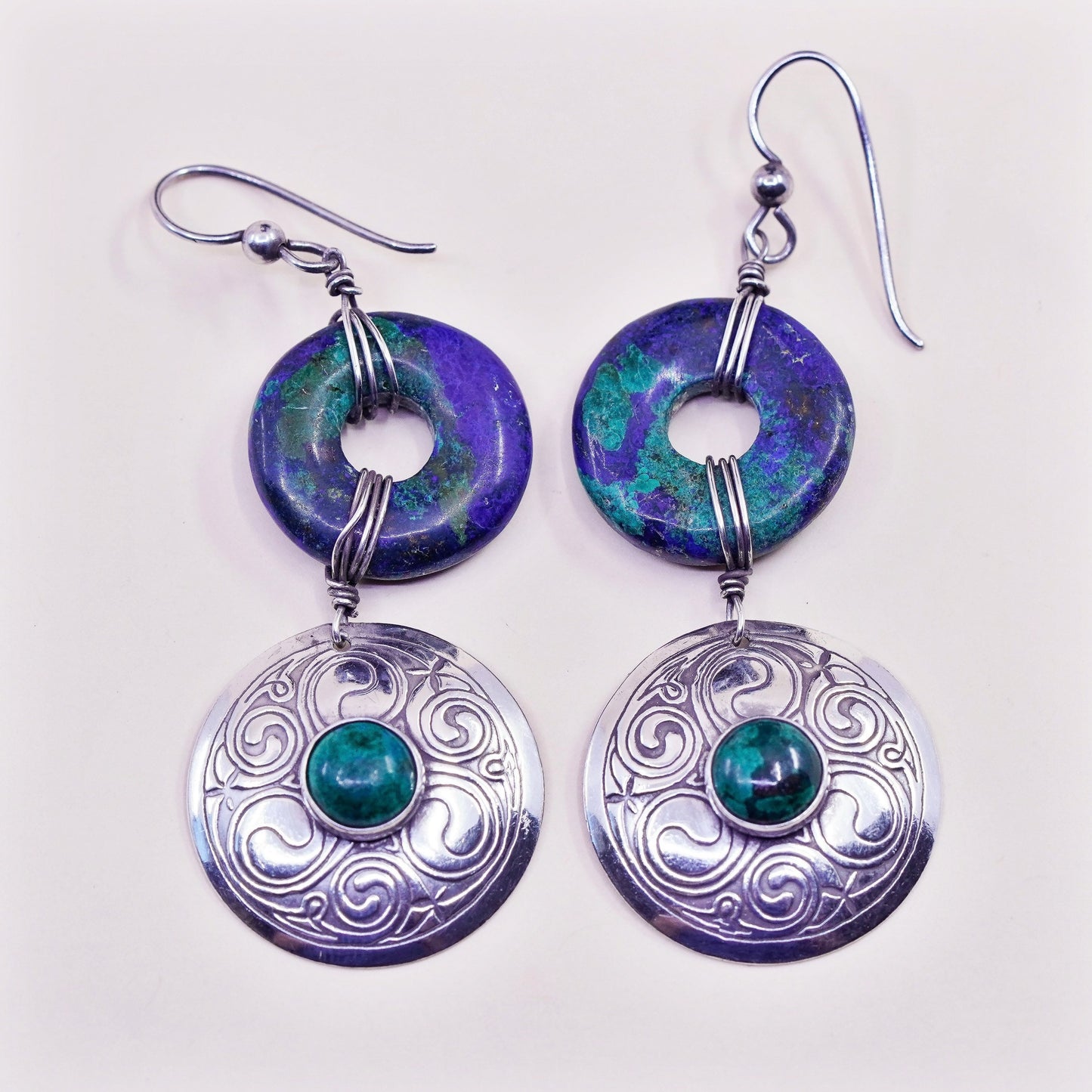 Vintage Sterling 925 silver handmade earrings with azurite and circle dangles