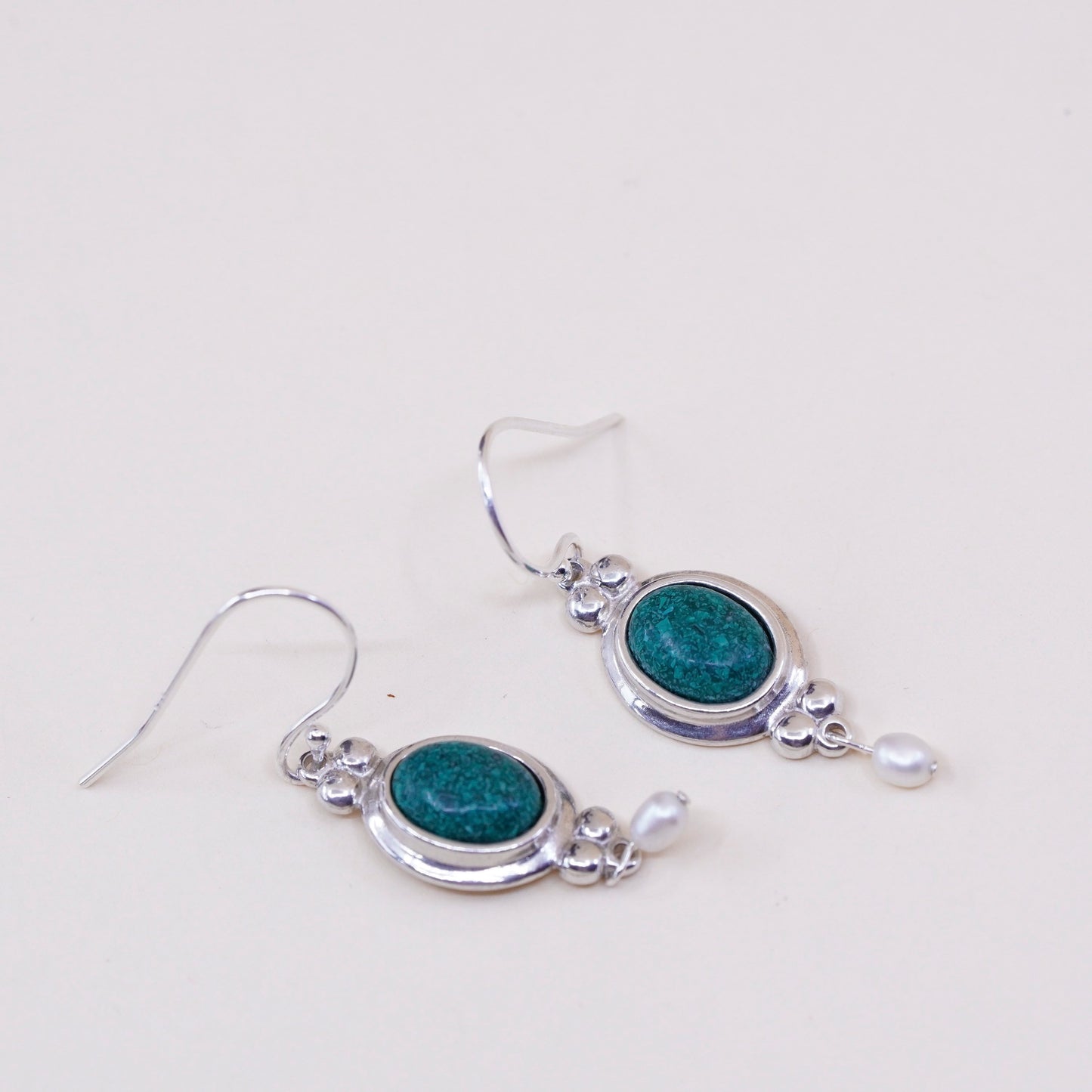 CCO Sterling 925 Silver earrings with oval turquoise inlay and pearl drops