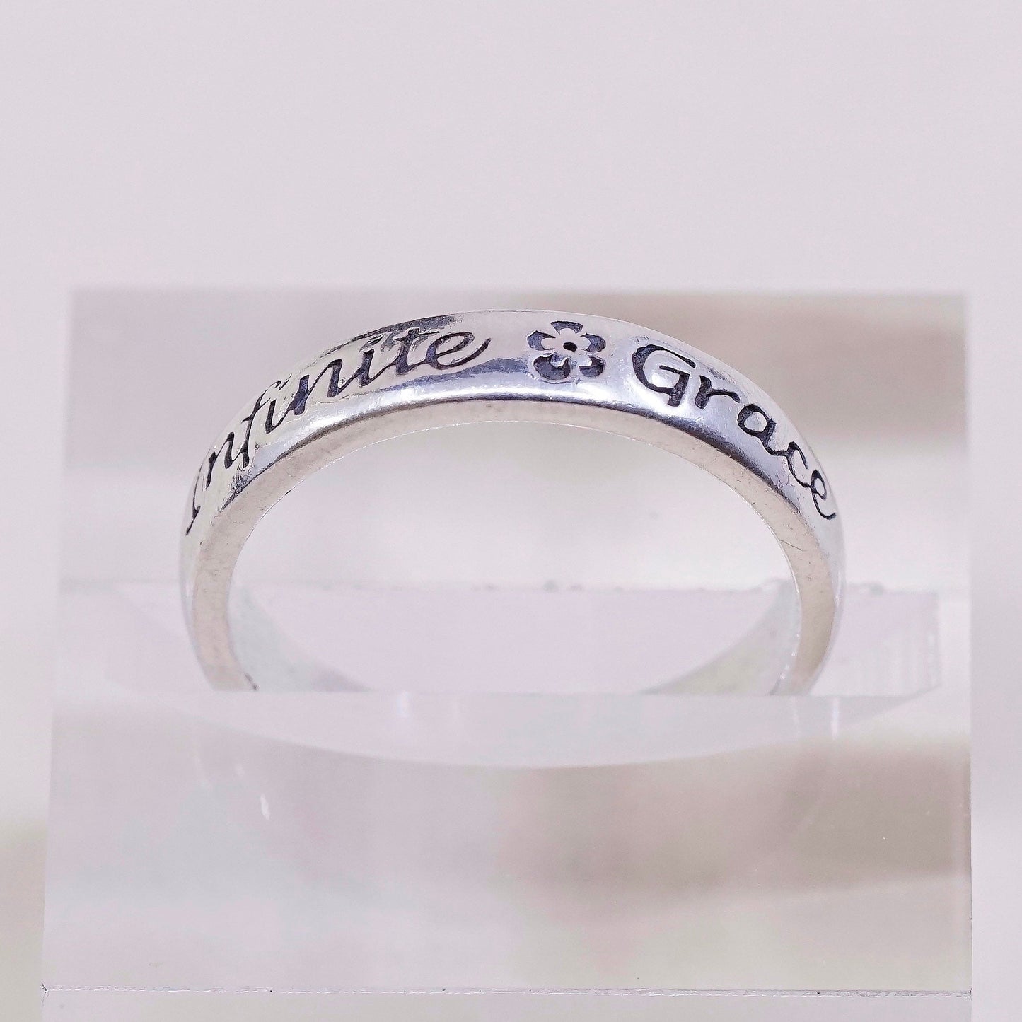 sz 8.25, vtg sterling silver handmade ring, 925 band, engraved “Infinite grace”