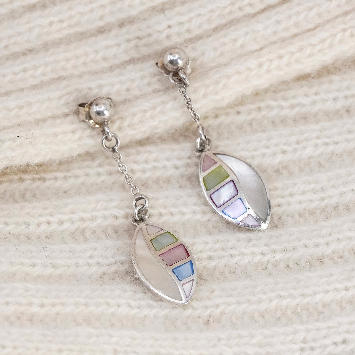 Vintage sterling 925 silver drop earrings, 925 leaf with Mother of pearl inlay