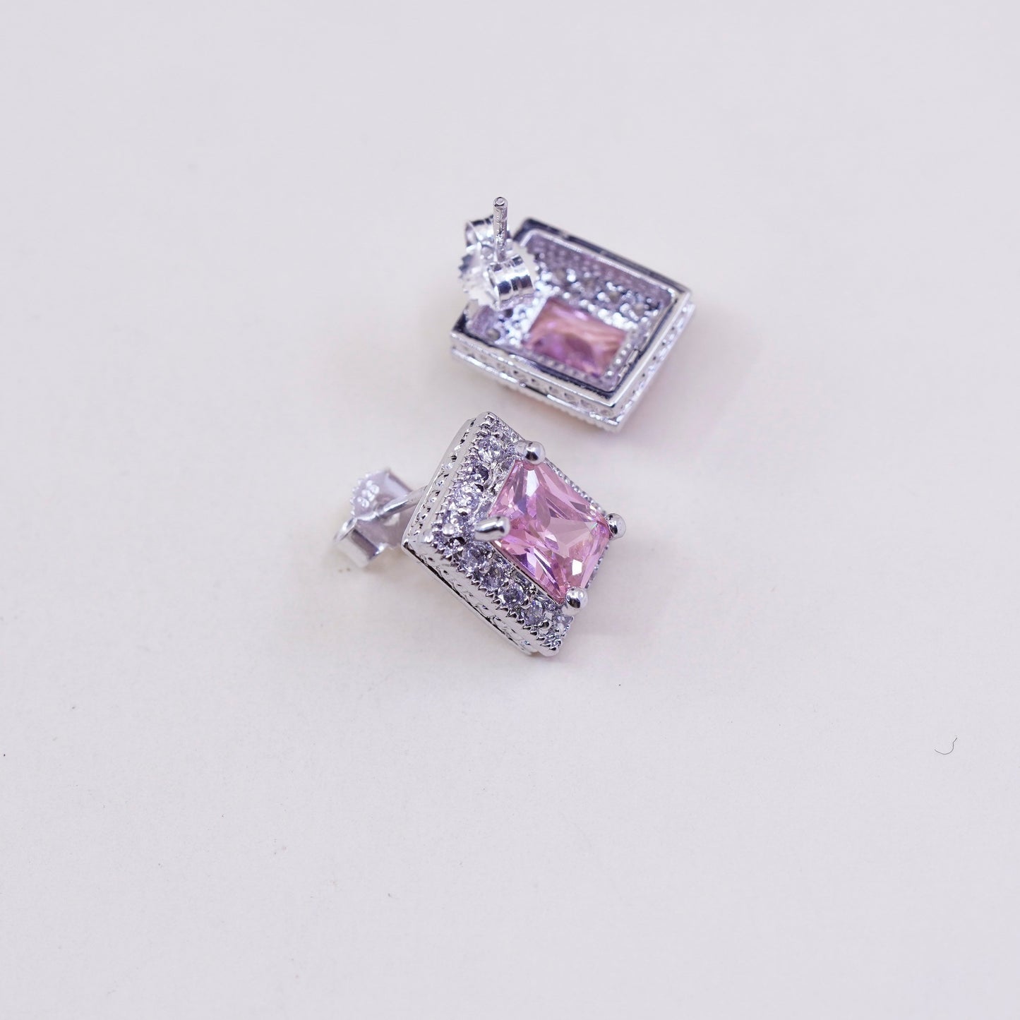 Vintage sterling silver handmade earrings, 925 square studs with pink Cz