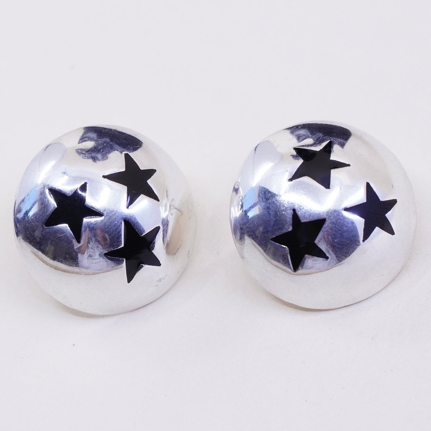 Sterling silver handmade earrings, Mexico 925 studs with black enamel stars