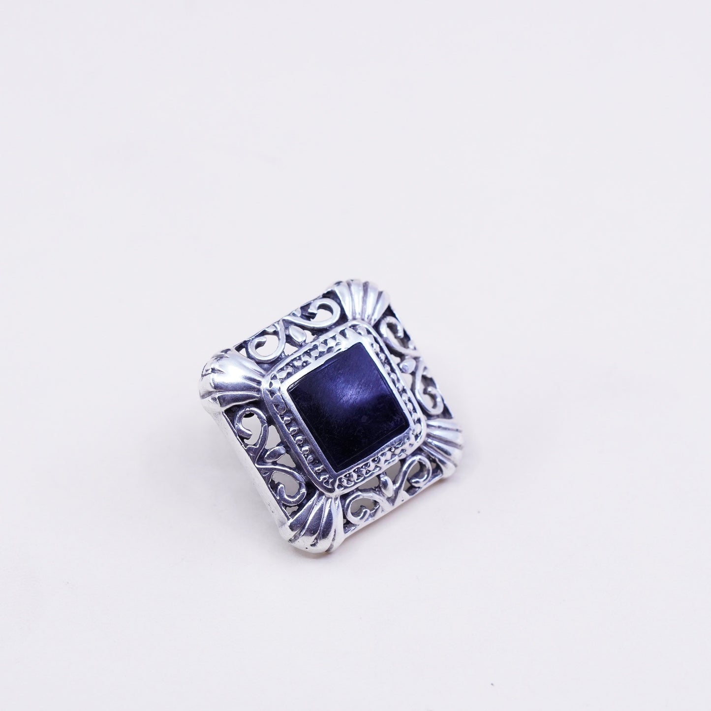 Vintage Sterling silver handmade earrings, filigree 925 studs with square onyx