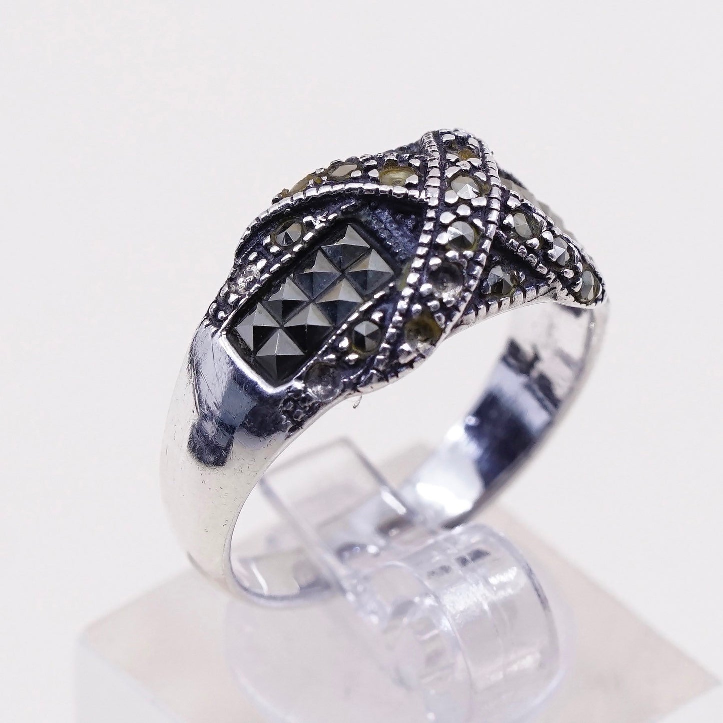 sz 9, vtg Sterling silver handmade ring, 925 cross band w/ beads, stamped 925