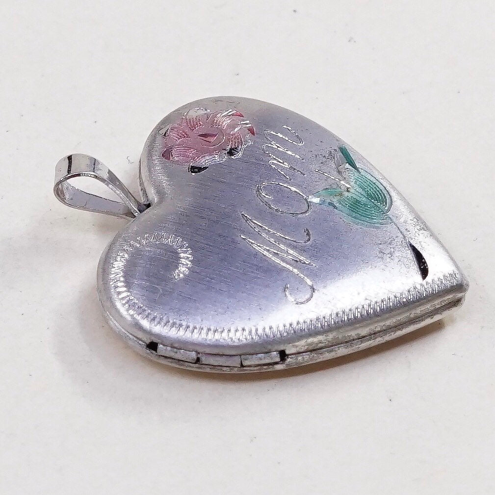 VTG sterling silver heart photo locket charm, 925 pendant embossed “mom”