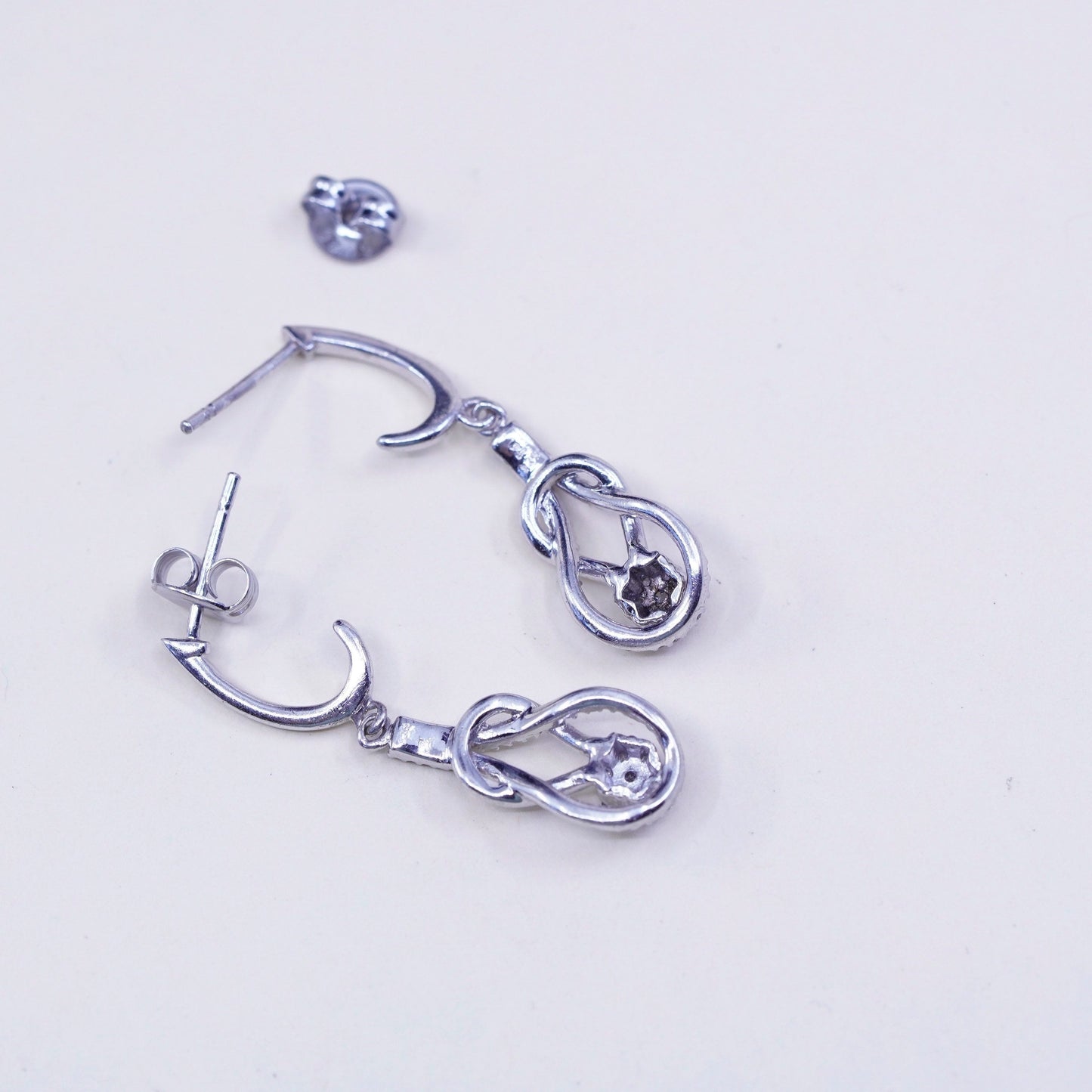 Vintage sterling 925 silver entwined teardrop earrings with genuine diamond