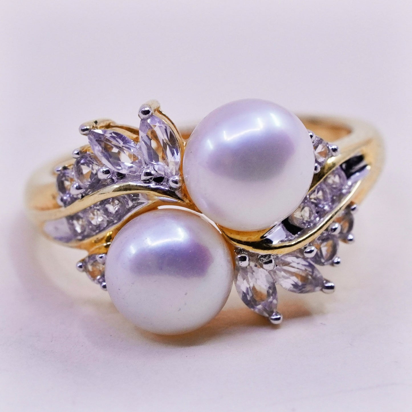Size 7, vermeil gold filled sterling 925 silver engagement ring with pearl cz
