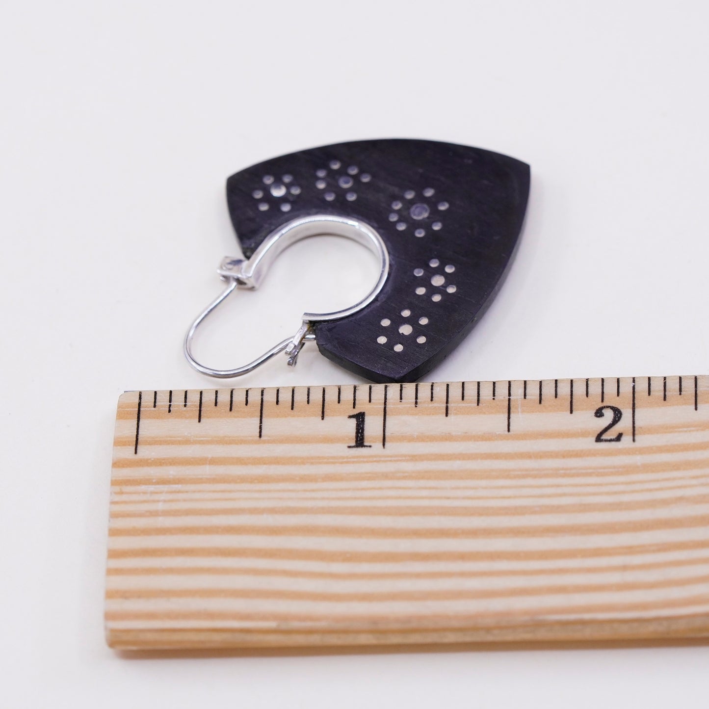 Vintage sterling 925 silver handmade earrings with black wood and flower dots
