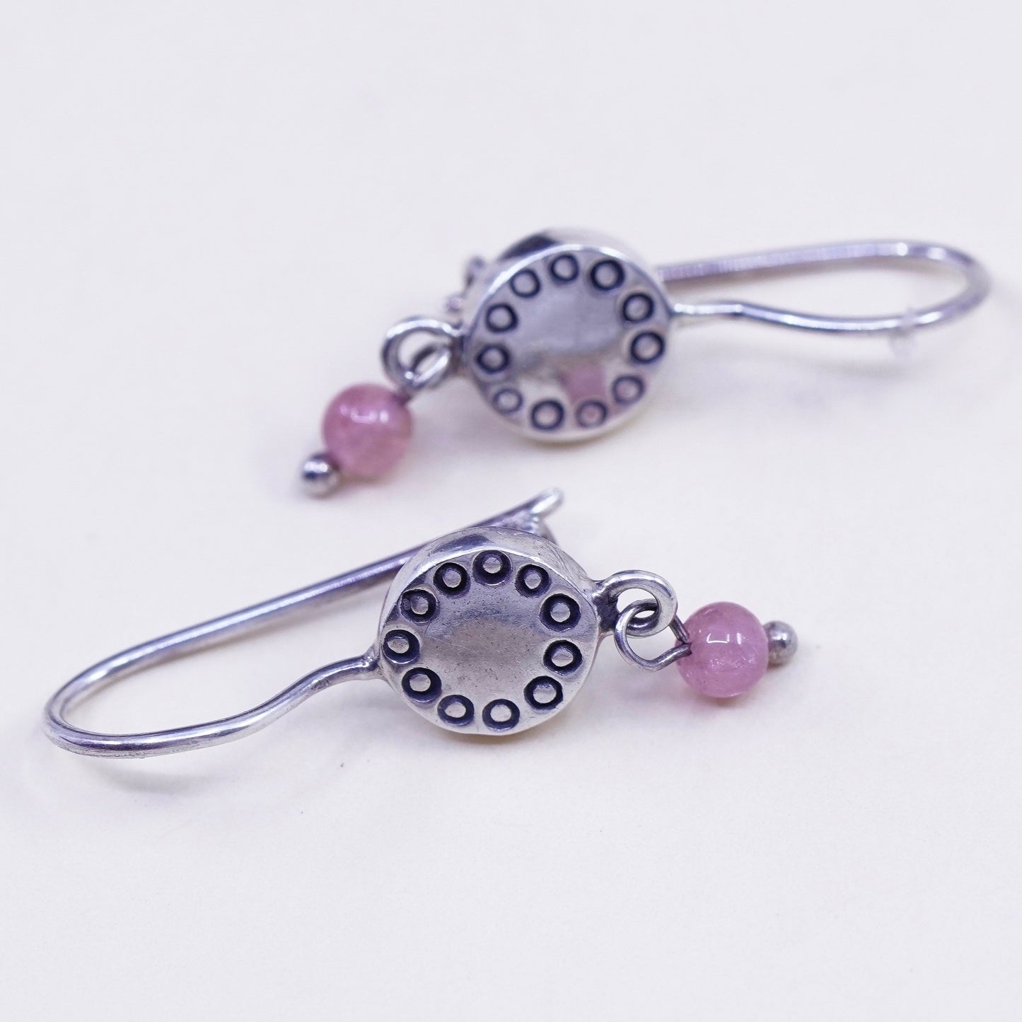 Sterling silver handmade earrings, modern 925 circle disc dangles pink quartz
