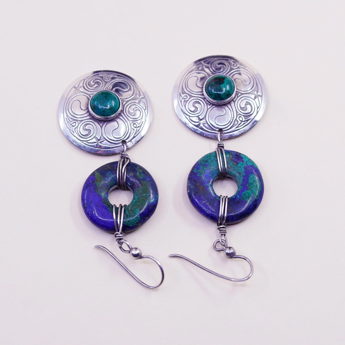 Vintage Sterling 925 silver handmade earrings with azurite and circle dangles