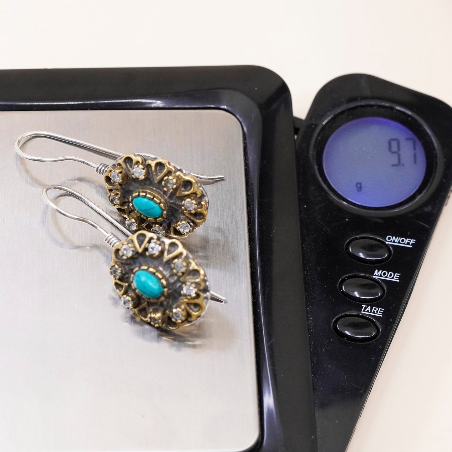 Vintage two tone sterling 925 silver handmade teardrop earrings w/ turquoise cz