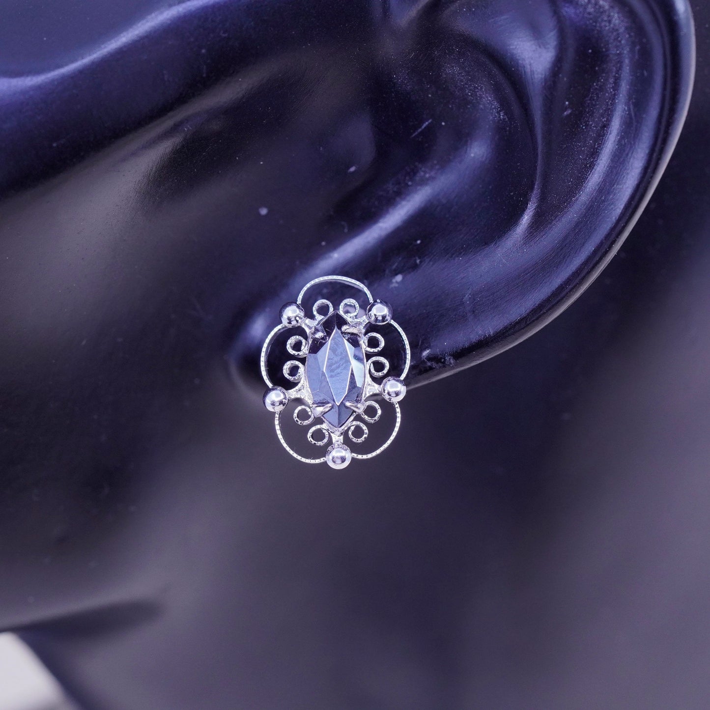 Vintage sterling 925 silver cz studs, filigree hematite earrings