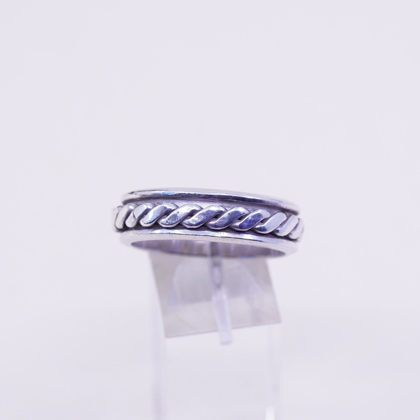 Size 14, vintage sterling silver handmade ring, 925 spinner roller band cable