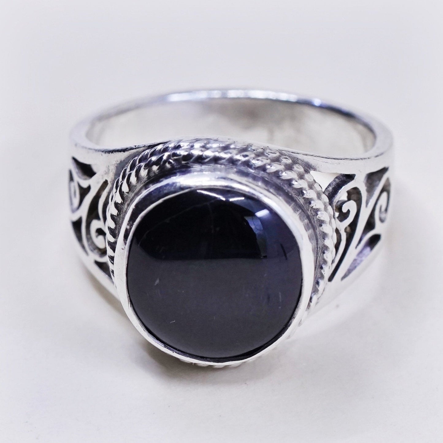 sz 7, vtg sterling silver ring, handmade filigree 925 ring w/ black tiger eye
