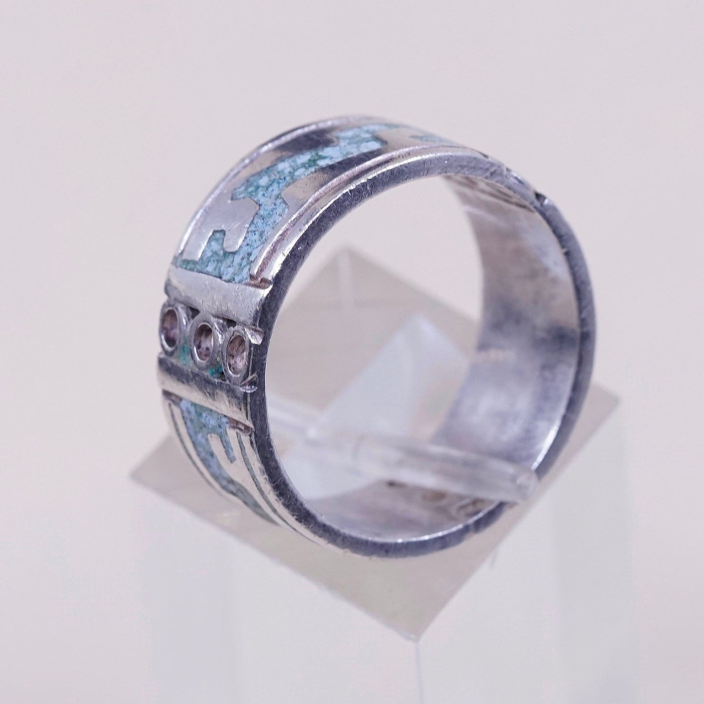 sz 8, VTG taxco mexico Sterling 925 silver handmade ring band w/ turquoise