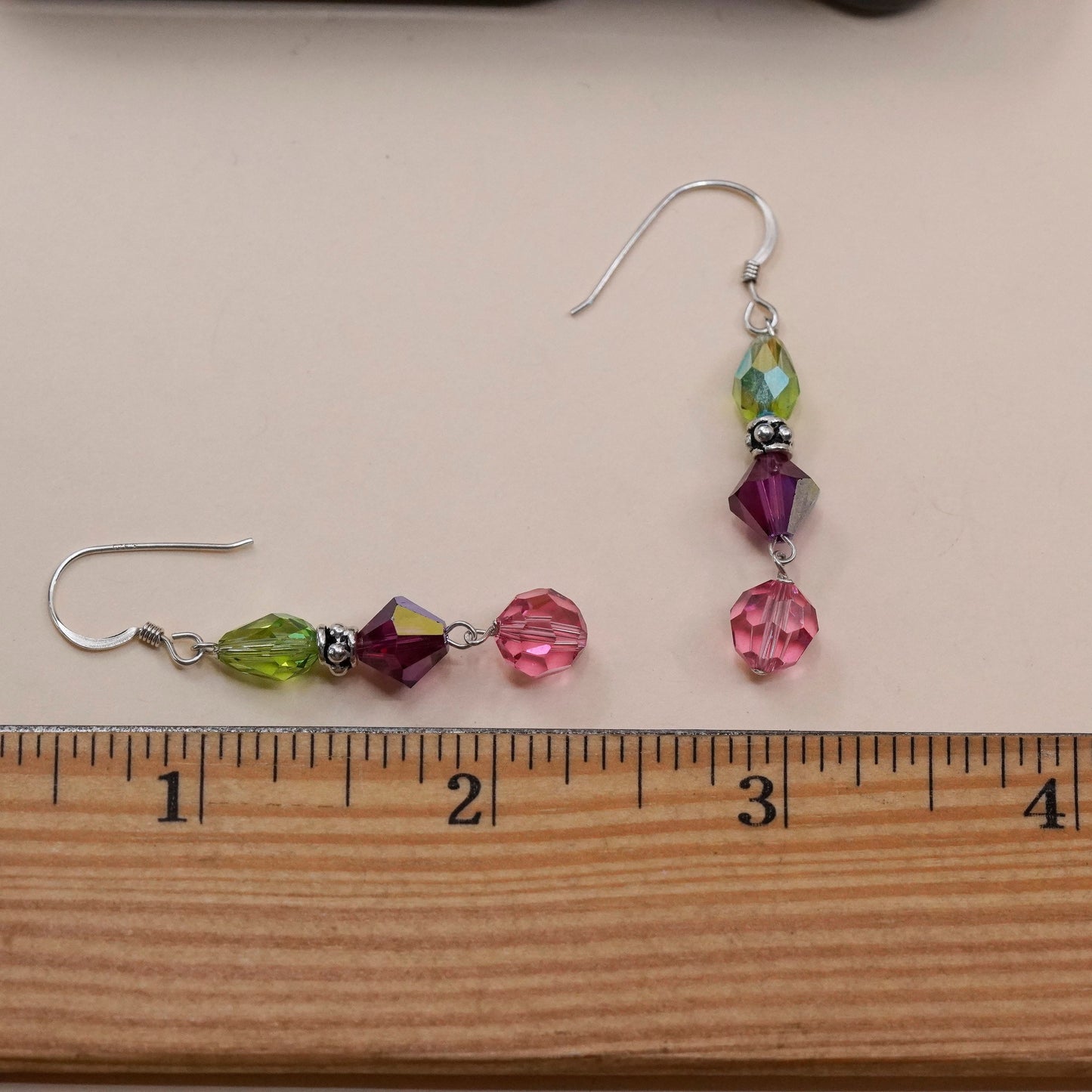 Vintage Sterling 925 silver handmade earrings with pink ruby green crystal