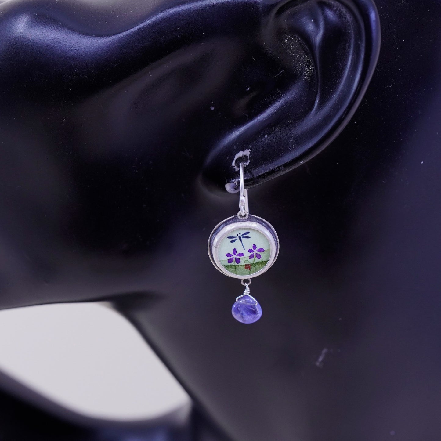 Designer Ananda KHALSA Sterling 925 silver handmade earrings, watercolor dragonfly with teardrop Iolite, stamped 925 A