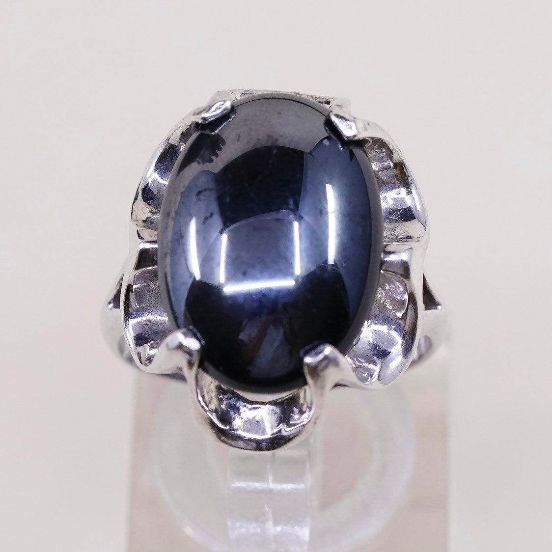 sz 5.75, vtg sterling silver handmade ring, mexico 925 flower w/ hematite bead