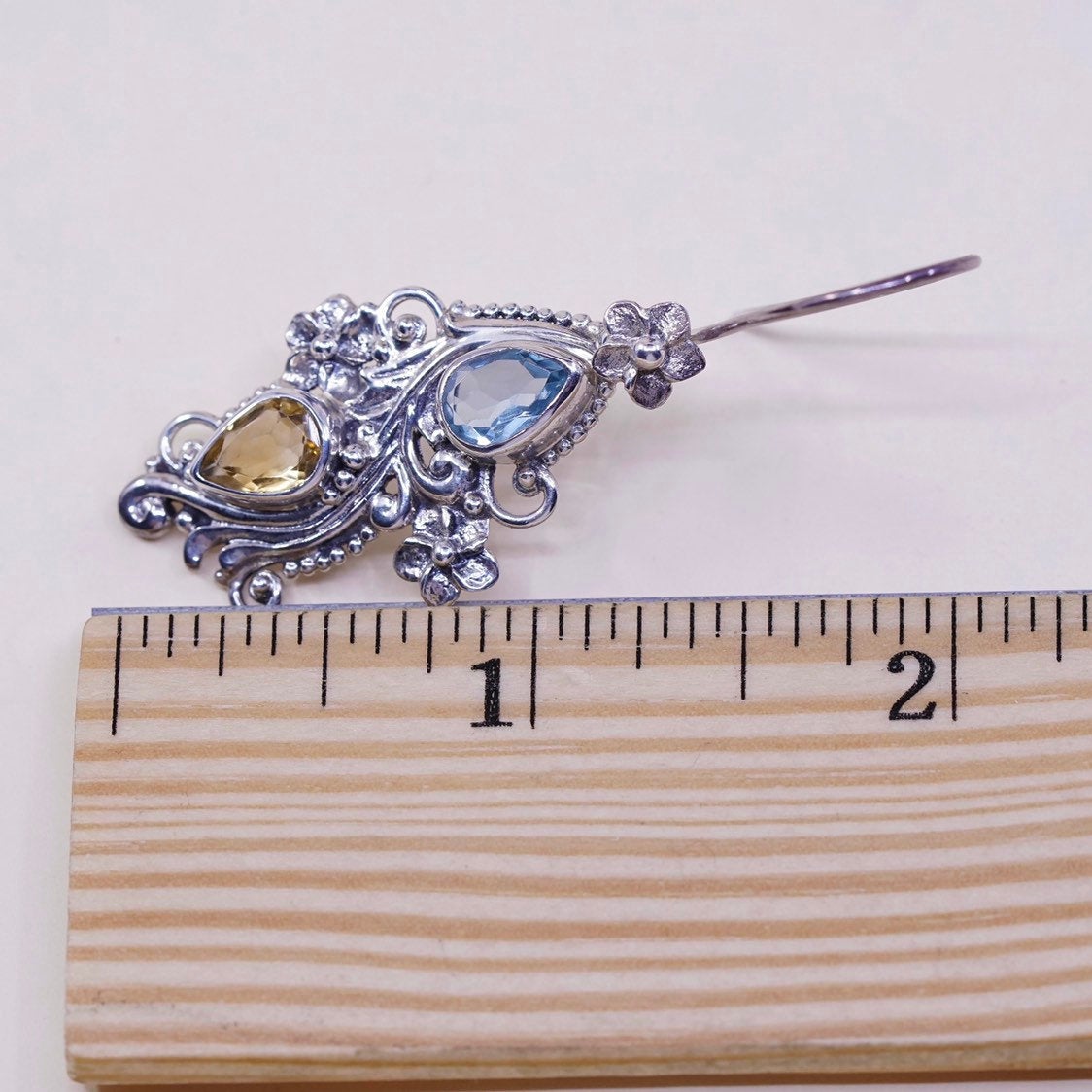 vtg Sterling silver handmade earrings, 925 dangles w/ citrine, topaz n flower