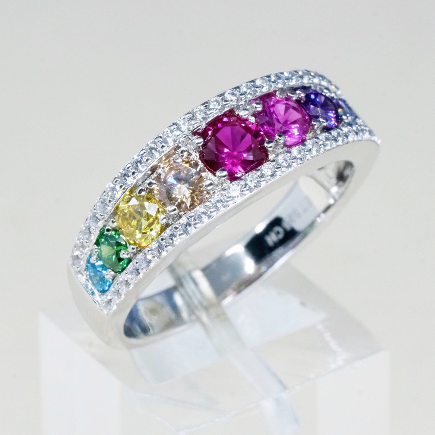sz 9.25, vtg ET sterling silver handmade ring, 925 band w/ cluster colorful cz