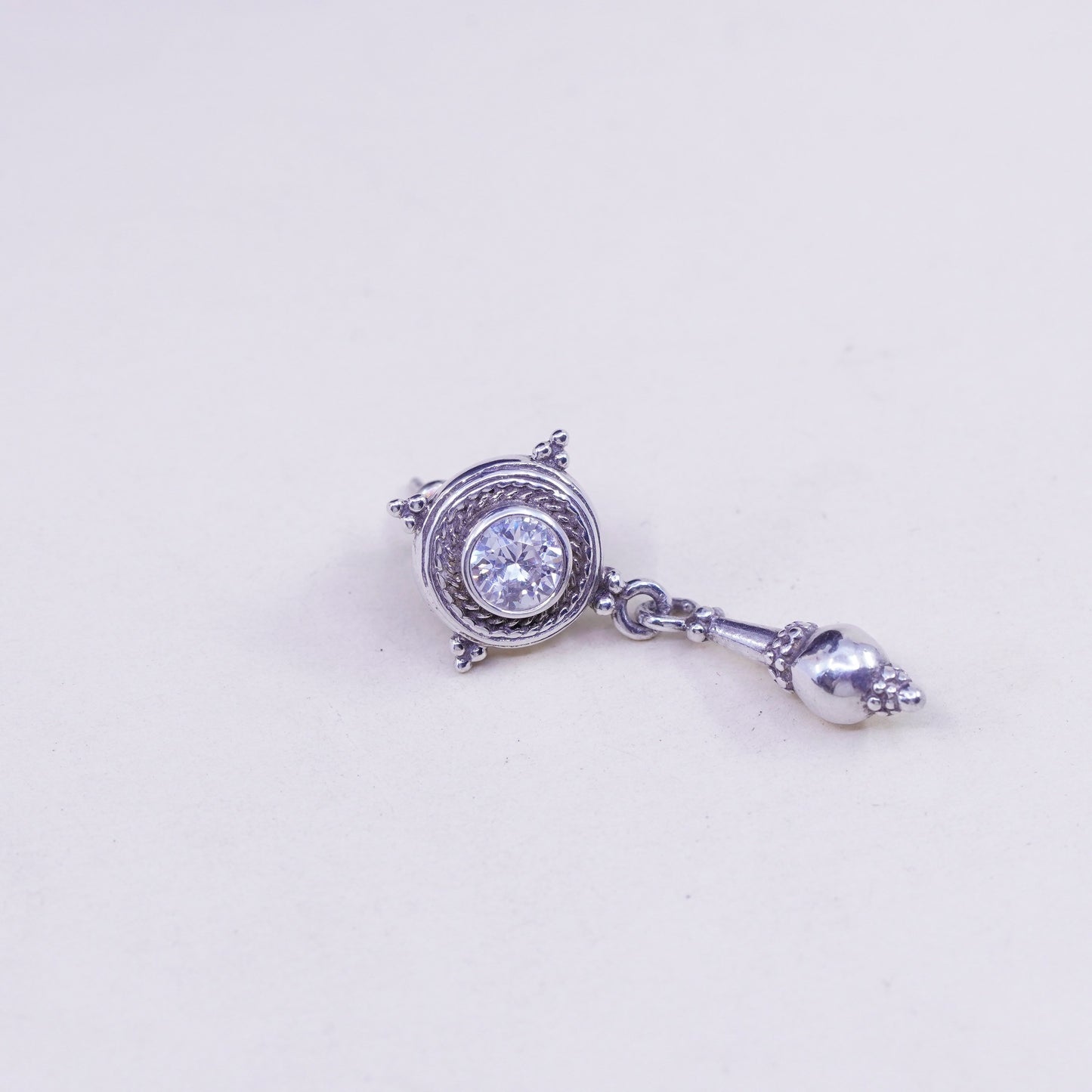 Vintage sterling 925 silver handmade earrings with round CZ and cable