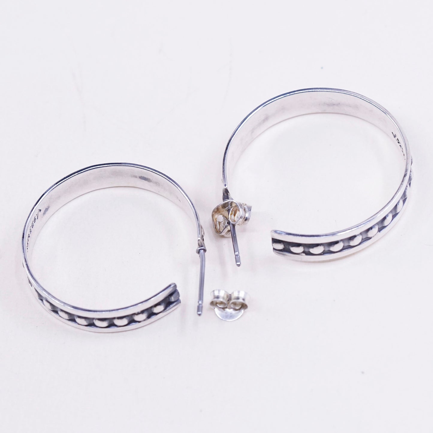 1”, Vintage mexico sterling silver wide hoops, 925 huggie earrings with beads
