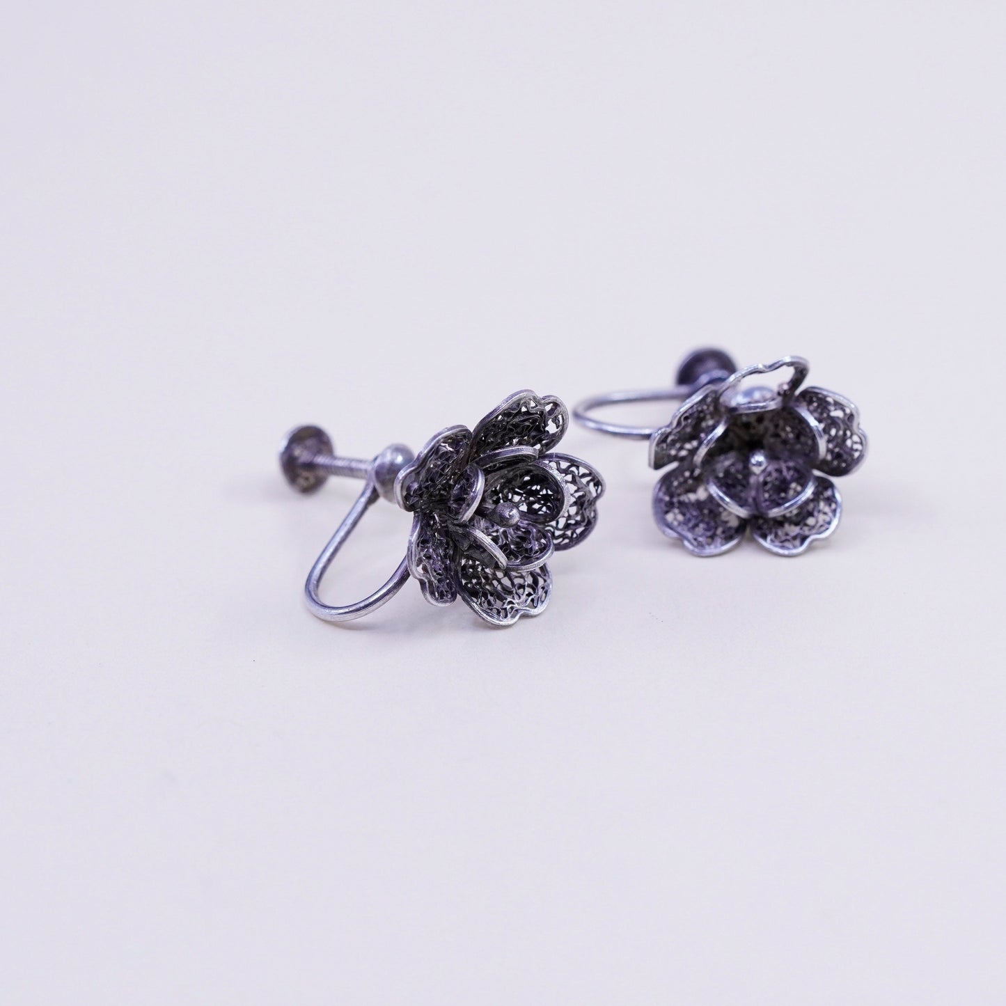 1950s Vintage sterling silver earrings, 925 filigree flower screw back earrings