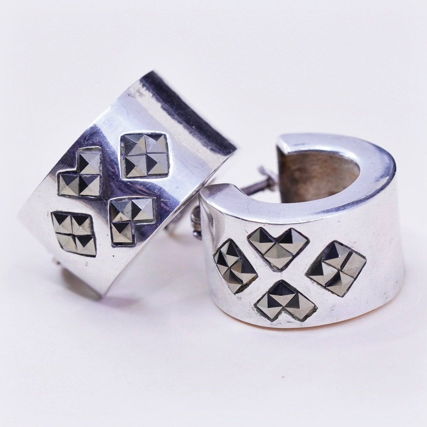 Vintage Sterling silver handmade earrings, 925 Huggie hoops with marcasite