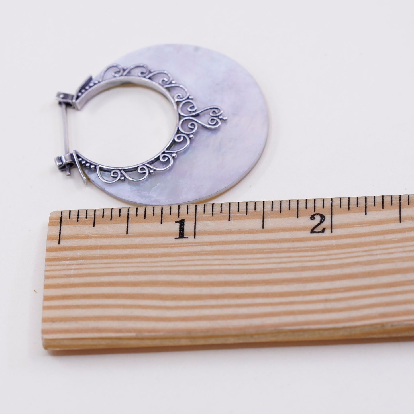 Indonesia sterling 925 silver handmade earrings, huge mother of pearl circle