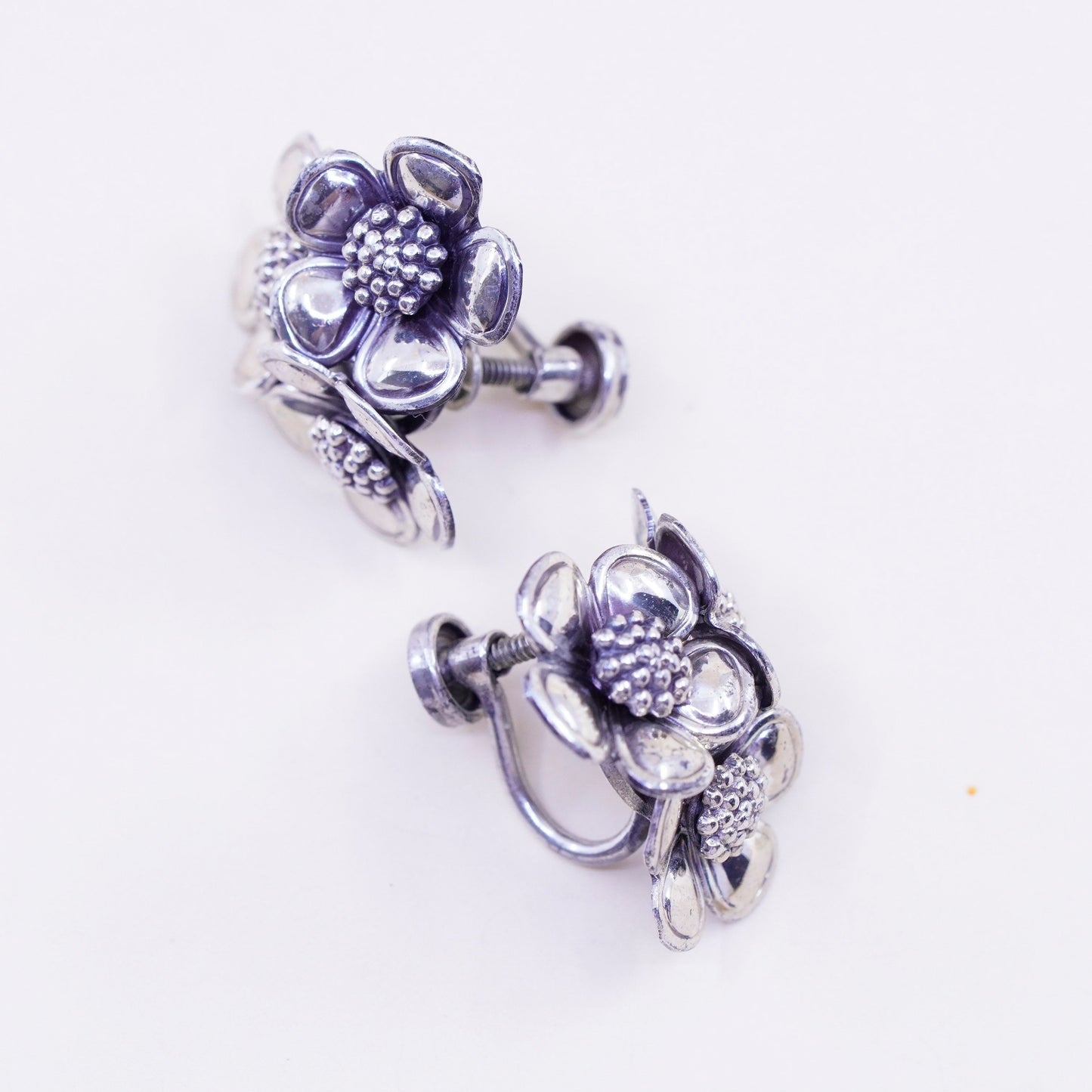 Vintage Sterling silver handmade earrings, 925 screw back flower earrings