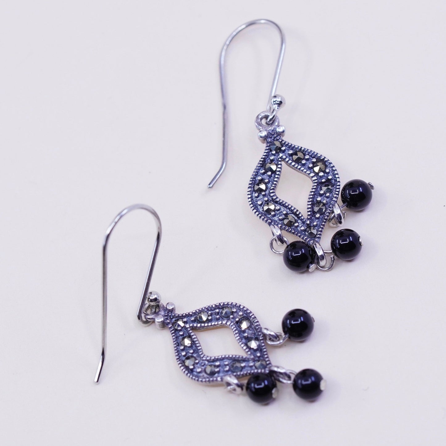 Vintage Sterling silver handmade earrings, 925 drops with obsidian and marcasite, stamped 925 China