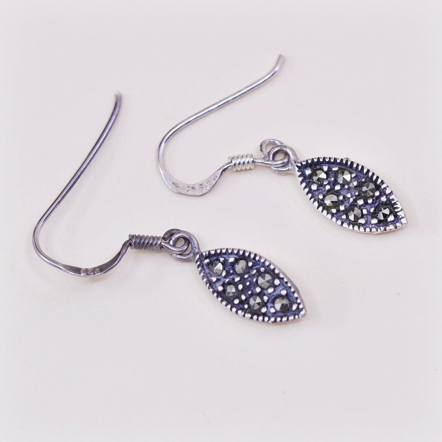 Vintage Sterling silver handmade earrings, 925 Marquise with marcasite