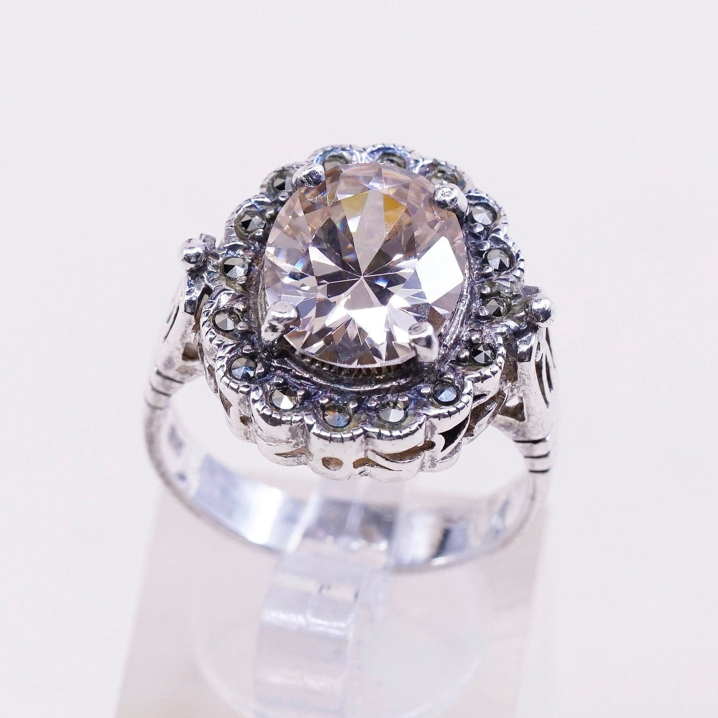 sz 8.5, vtg Sterling 925 silver handmade cocktail ring w/ citrine N marcasite