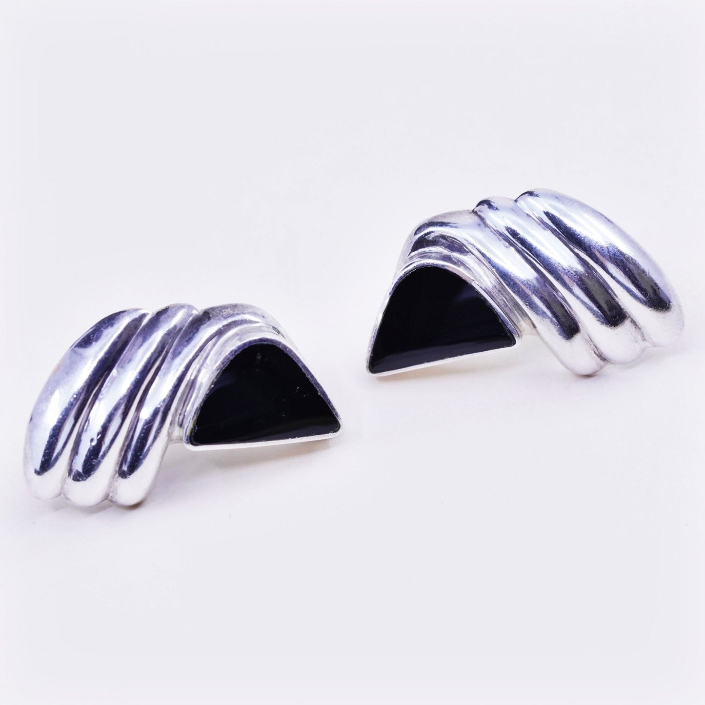 Vintage Sterling silver handmade earrings, Mexico 925 studs with onyx