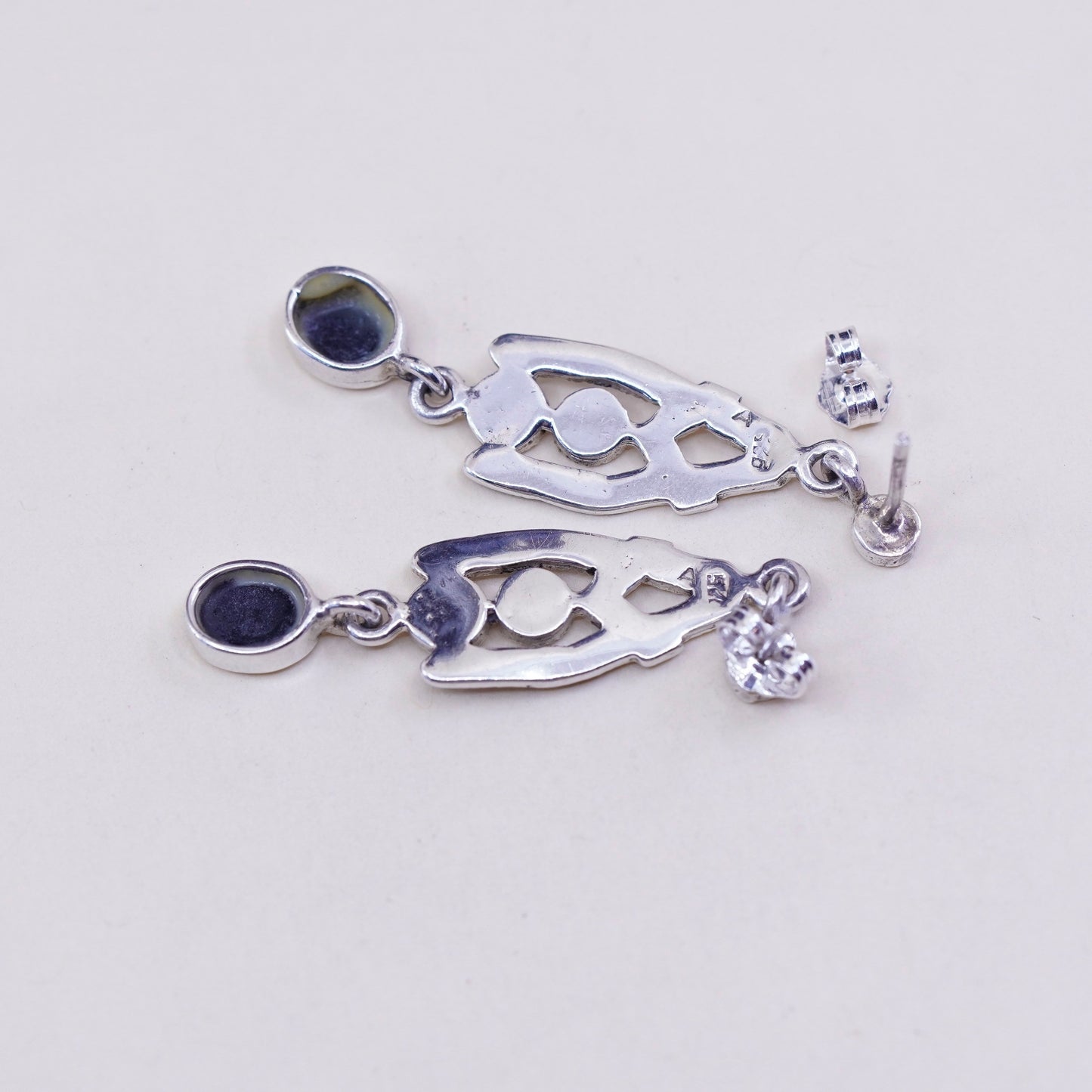Vintage Sterling 925 silver handmade earrings with obsidian and marcasite
