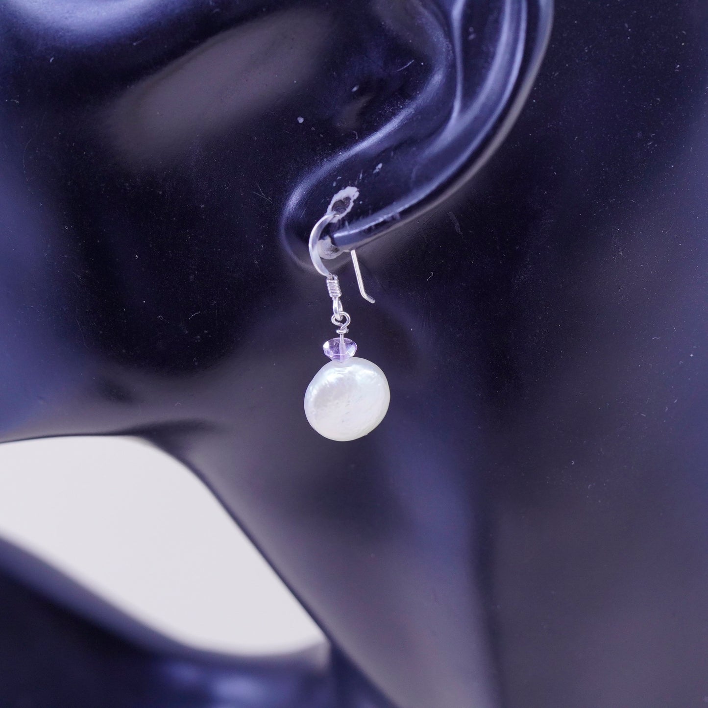 Vintage sterling silver handmade earrings, 925 dangles with coin pearl