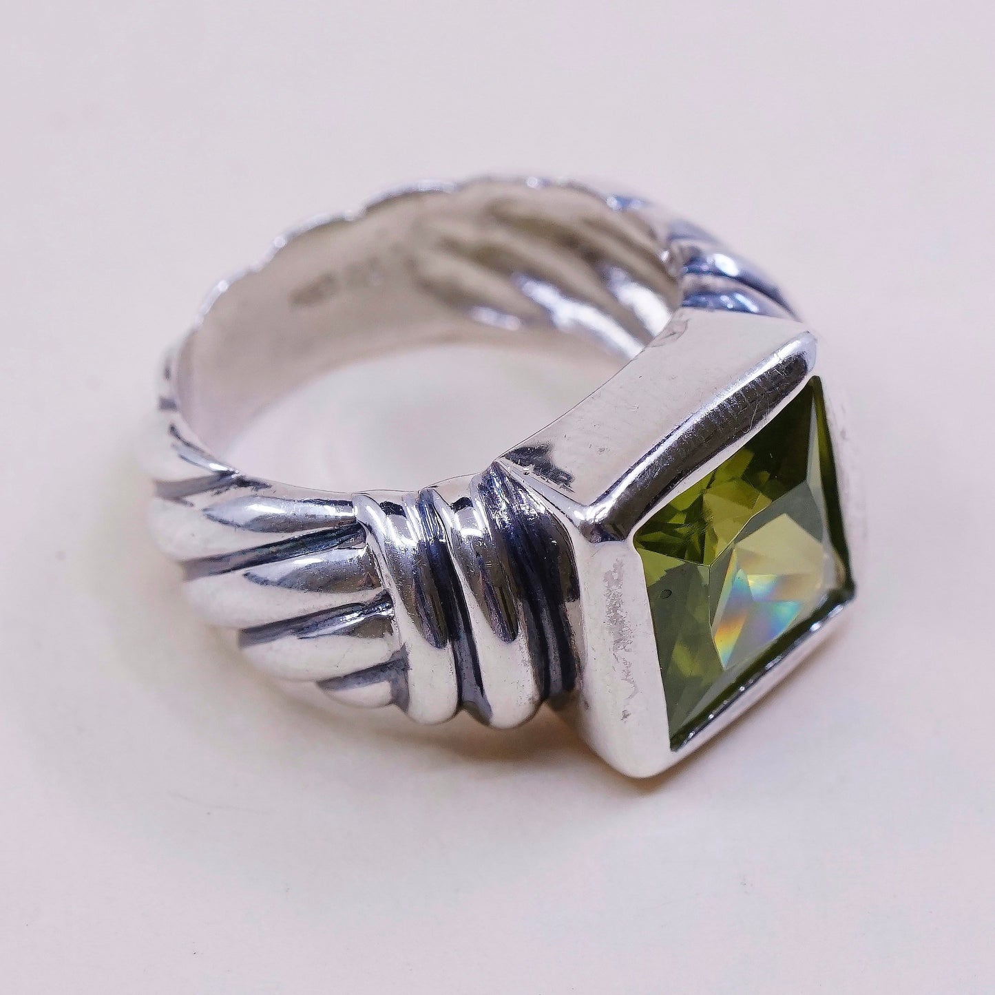 sz 7, vtg sterling 925 silver handmade statement ring with peridot