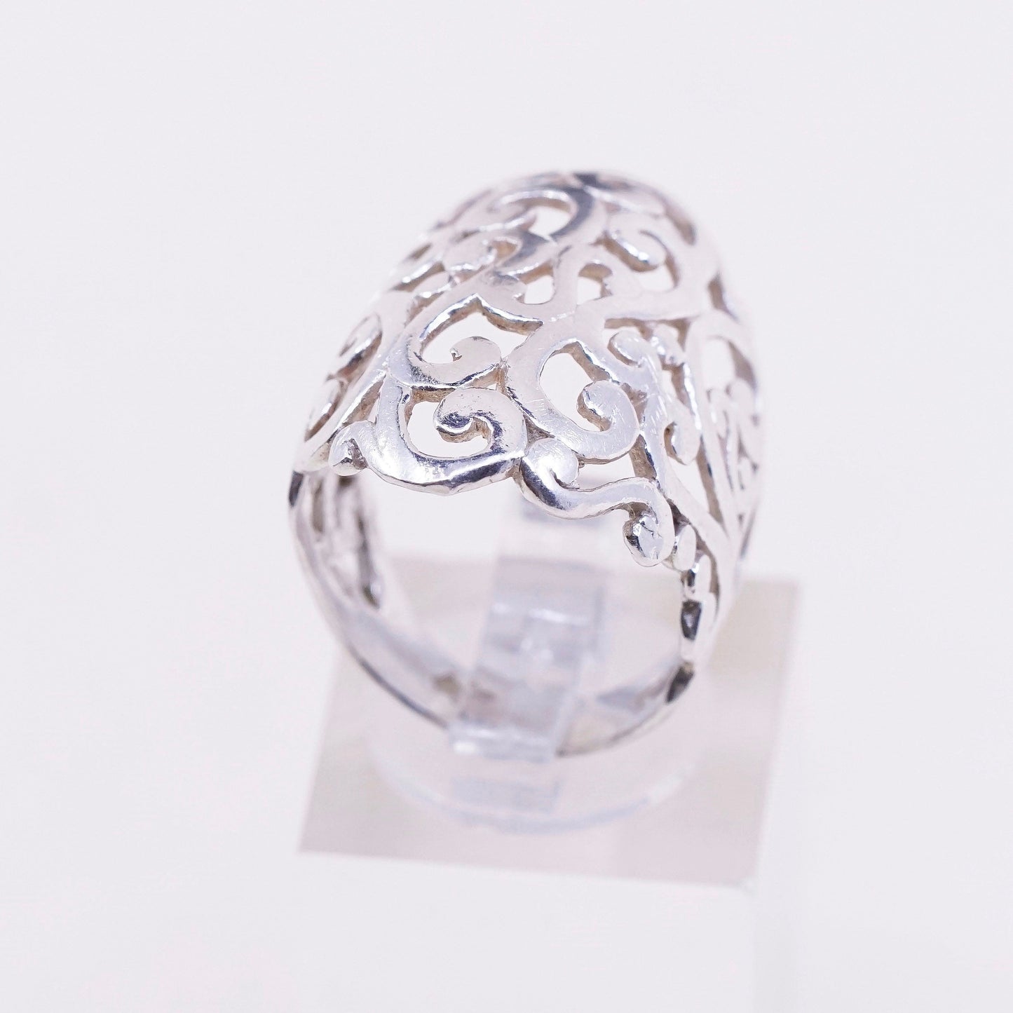 sz 5.5, vtg Sterling silver handmade ring, 925 wide band w/ Filigree swirl