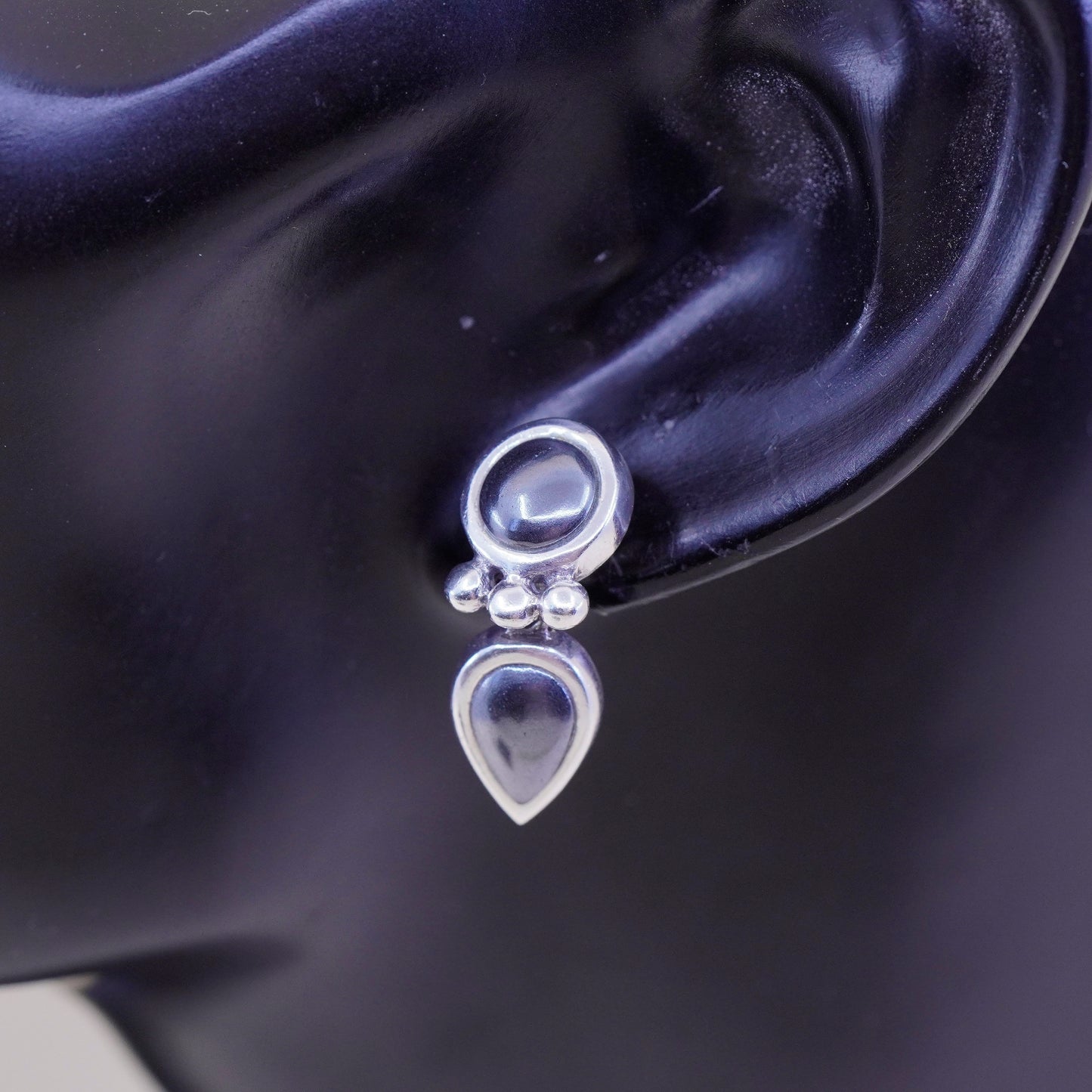Vintage 925 Sterling silver handmade earrings with teardrop hematite