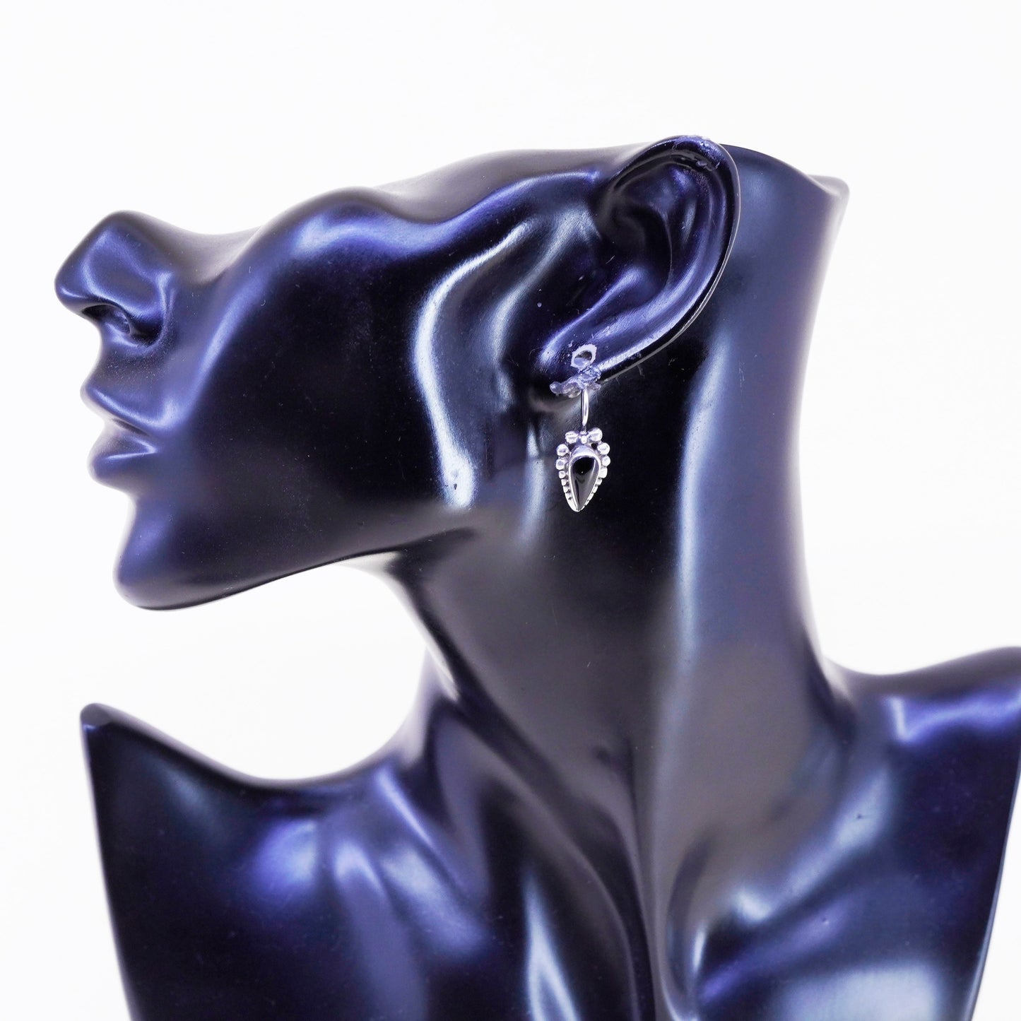 Vintage sterling 925 silver handmade earrings with teardrop onyx and beads